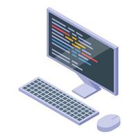 Computer programming code displaying on screen with keyboard and mouse isometric view vector