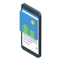 Smartphone showing social media post with photo of pine trees and sun vector