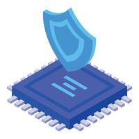 Blue shield protecting microchip, data protection concept vector