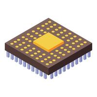 Modern microchip showing isometric view with golden contacts and violet pins vector