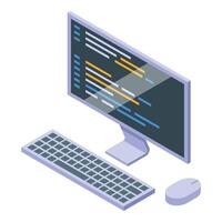 Software engineer writing code on desktop computer with keyboard and mouse vector