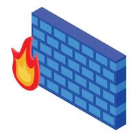 Firewall protecting network from internet virus with burning fire symbol in isometric 3d style vector
