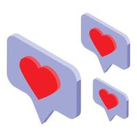 Three isometric speech bubbles with red hearts are floating, representing positive online interactions vector