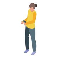 Young man using his smartphone, browsing internet, watching , playing mobile games, isometric illustration vector
