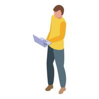 Programmer working on software using laptop isometric view vector