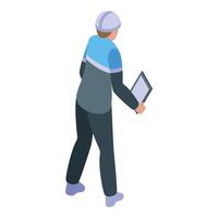Technician walking and holding tablet for maintenance operations vector