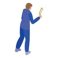 Handyman holding hacksaw walking back view vector