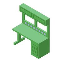 Green metal desk with overhead compartments isometric projection vector