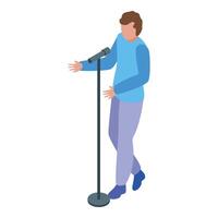 Young man making public speech with microphone stand vector