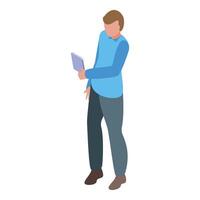 Young man holding tablet browsing internet surfing web vector