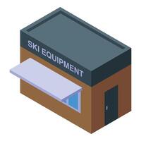 Small ski equipment shop building with signboard is open vector
