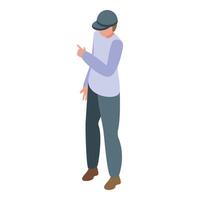 Young man pointing with finger showing direction isometric icon vector