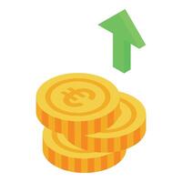 Gold euro coins are increasing in value with green arrow pointing upwards vector