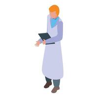 Medical student holding tablet is explaining something vector