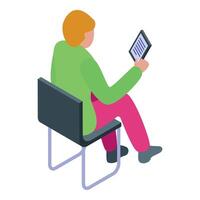 Young man sitting and reading e book on tablet isometric view vector