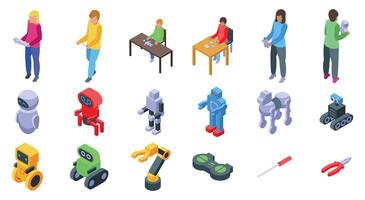 Kid robot class icons set. Robotics engineering team working on innovative project, developing and programming robots vector