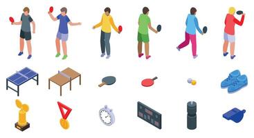 Ping pong tournament icons set. Athletes playing ping pong isometric set with scoreboard and trophy vector