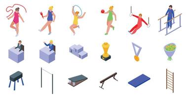 Artistic gymnast performance icons set. Gymnasts are performing rhythmic gymnastics with different apparatus and equipment vector