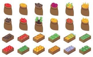 Sack fruit icons set. Farmers market fresh produce displayed in wooden crates and burlap sacks isometric icons vector