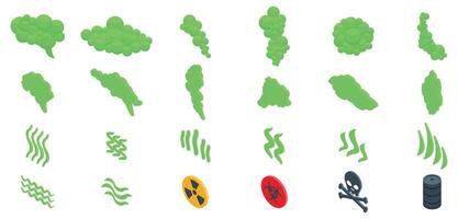Toxic smoke cloud icons set. Green poisonous gas is spreading, including skull and crossbones, radioactive and biohazard symbols vector