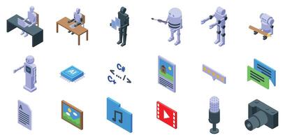 Robot-writer icons set. Set of icons representing artificial intelligence working in creative jobs vector