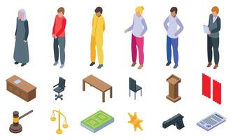 Trial courtroom icons set. Courtroom characters and objects justice system isometric set vector