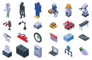 RPA icons set. Automation industry concept with robots producing goods, working on production line, software interface and data analysis vector