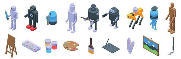 Robot artist icons set. Creative robots holding art supplies and painting tools vector