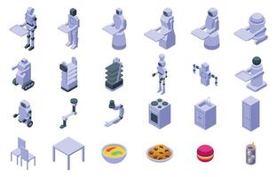 Robot restaurant icons set. Futuristic restaurant concept with robotic waiters serving meals and beverages vector