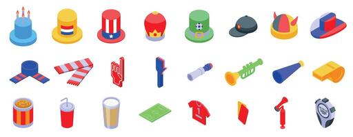 Competition match attributes icons set. Fans are cheering their team with hats, scarves and vuvuzelas vector