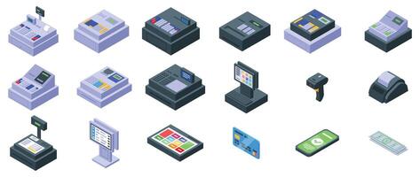 cashier machine icons set. Cashier working place elements set showing different types of cash registers vector