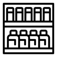 Black and white icon of a supermarket shelf being stocked with various products vector