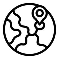 Black and white line drawing of location pin marking a spot on world map icon vector