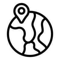 Black and white icon of a location pin marking a spot on a globe vector