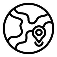 Black and white line art icon of a location pin marking a spot on a world map vector