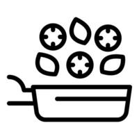 Chef adding sliced vegetables to frying pan line icon vector