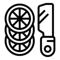 Sliced orange fruit with knife for making juice line art icon vector