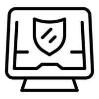 Desktop computer with shield displaying secured system providing online safety vector