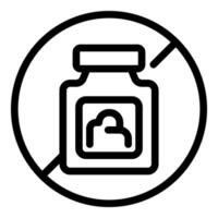 Black and white icon of a supplement jar crossed out in a circle representing a ban on a specific substance vector