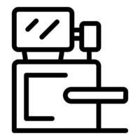 Simple black and white line icon of a toaster with bread being toasted inside of it vector