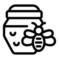 Honey bee flying near honey jar with honeycombs inside line icon vector