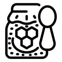 Open honey jar with honeycomb pattern and dipper resting on top vector