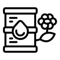Simple black and white icon of a barrel of oil next to a flower representing environmental issues vector