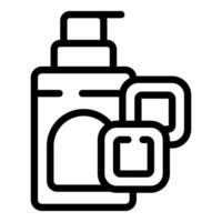 Line icon style illustration of a bottle of shampoo or body lotion with two bars of soap vector