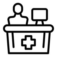 Medical receptionist working at reception desk with computer icon vector