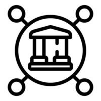 Bank building connecting with four circles representing international finance and global network vector