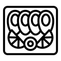 Simple black and white icon depicting sushi rolls with orange slices and wasabi in a take away box vector