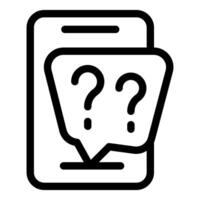 Smartphone showing two question marks inside speech bubble icon vector