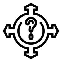 Question mark surrounded by arrows pointing in different directions representing difficult decision making vector