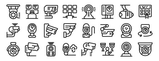 surveillance system icons set. Security camera observing, monitoring, recording, protecting and detecting with modern technology icon set vector